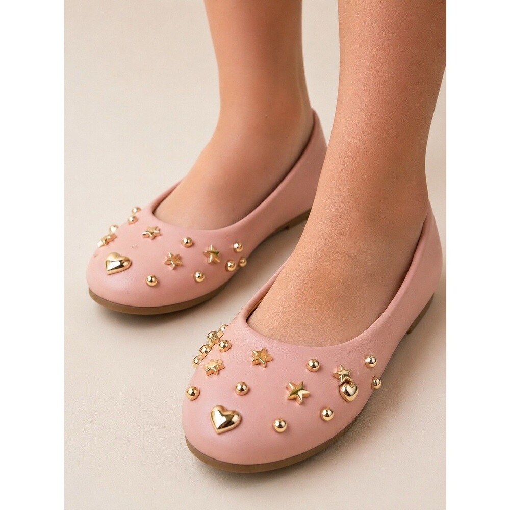 Lucky Top Girls Pink Ballet Flats Gold Heart Star Studded Slip On Size 2